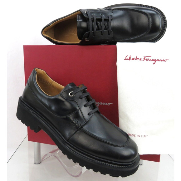 NIB FERRAGAMO GORIN BLACK LEATHER GANCINI LOGO PLATFORM DERBY OXFORDS 10.5 M main image 11